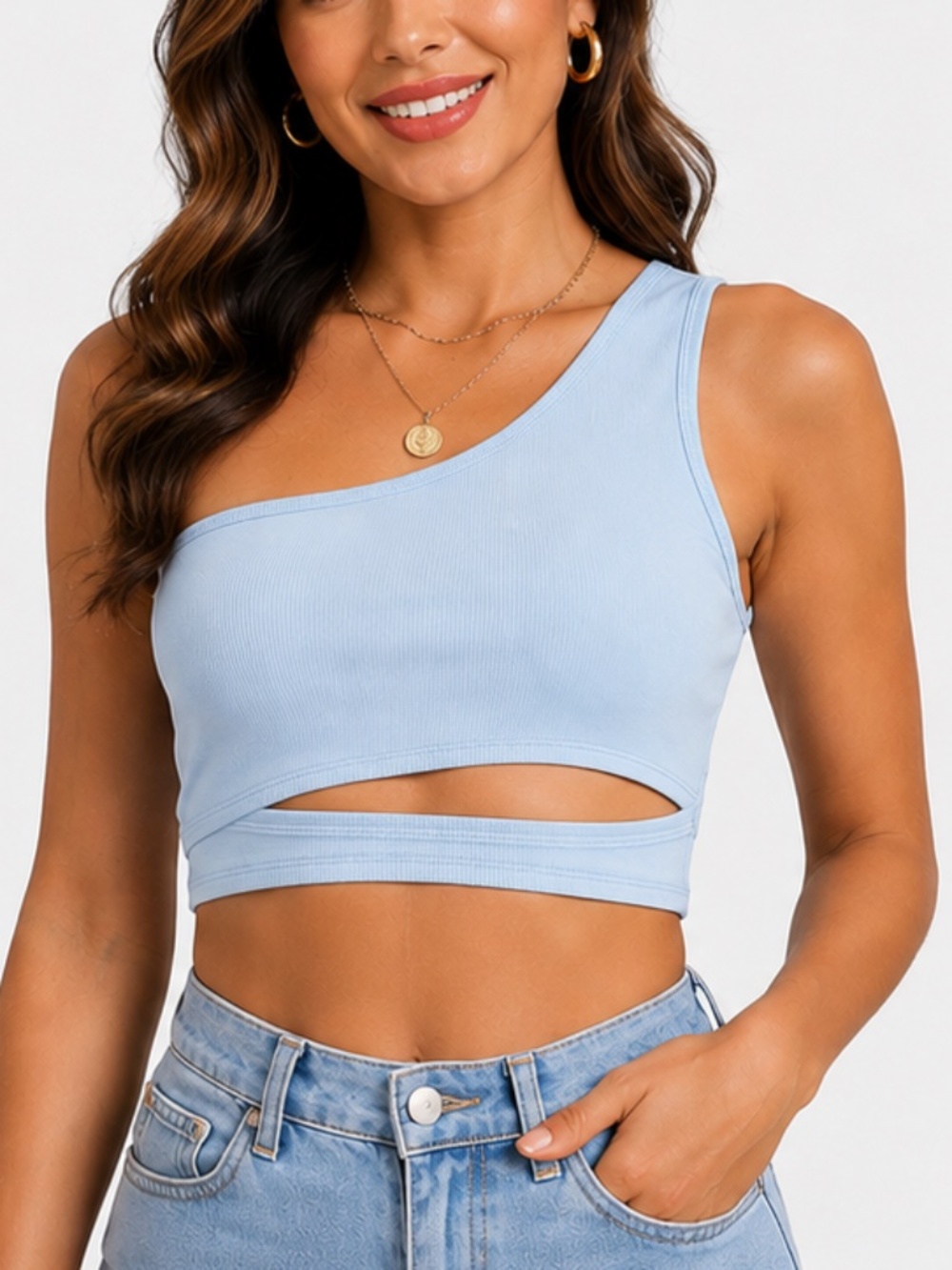 SHEIN Women’s Baby Blue One-Shoulder Ribbed Crop Top, size Large